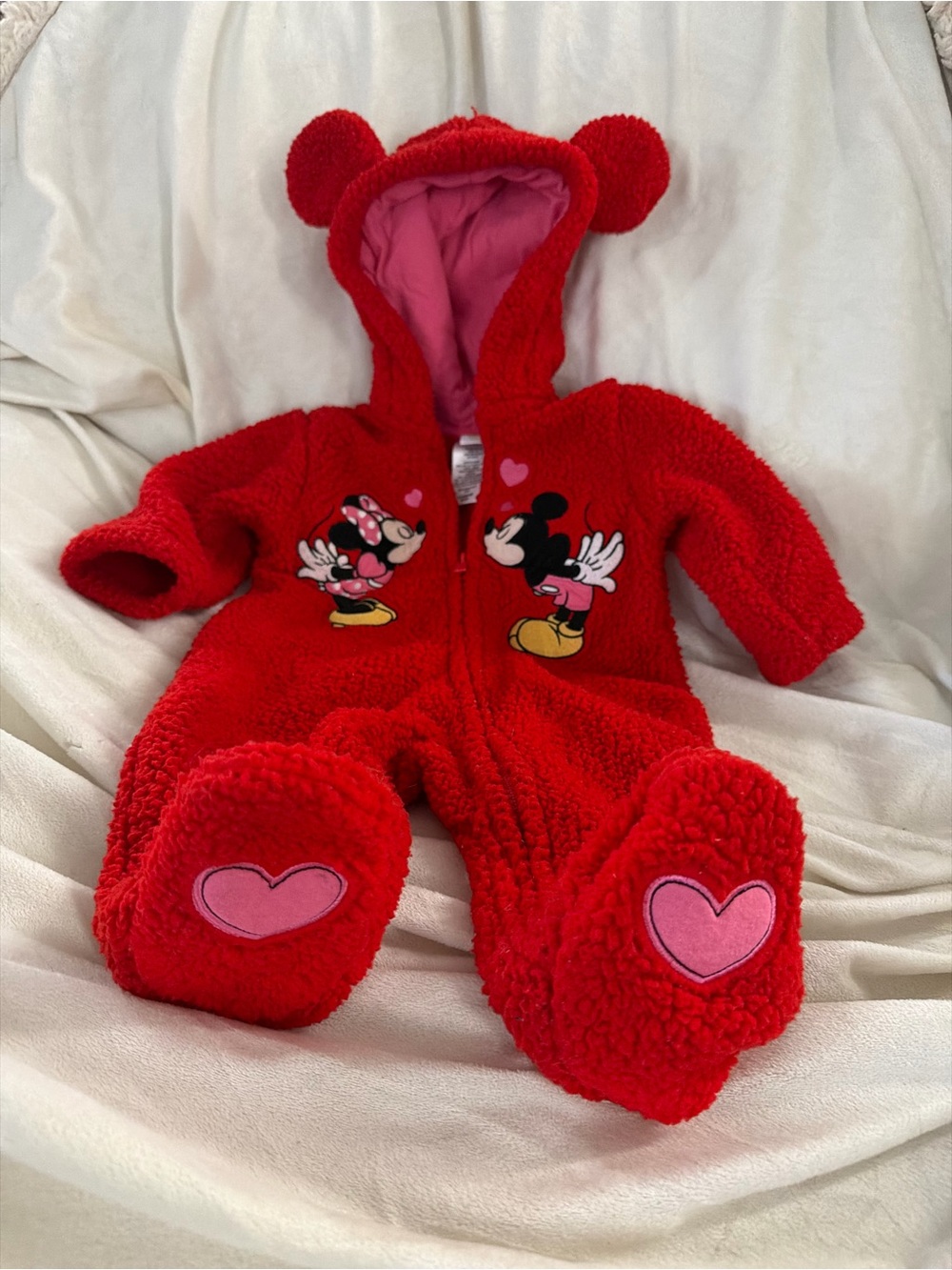 $50 Disney Minnie & Mickey Red Sherpa Coveralls 3-6M
